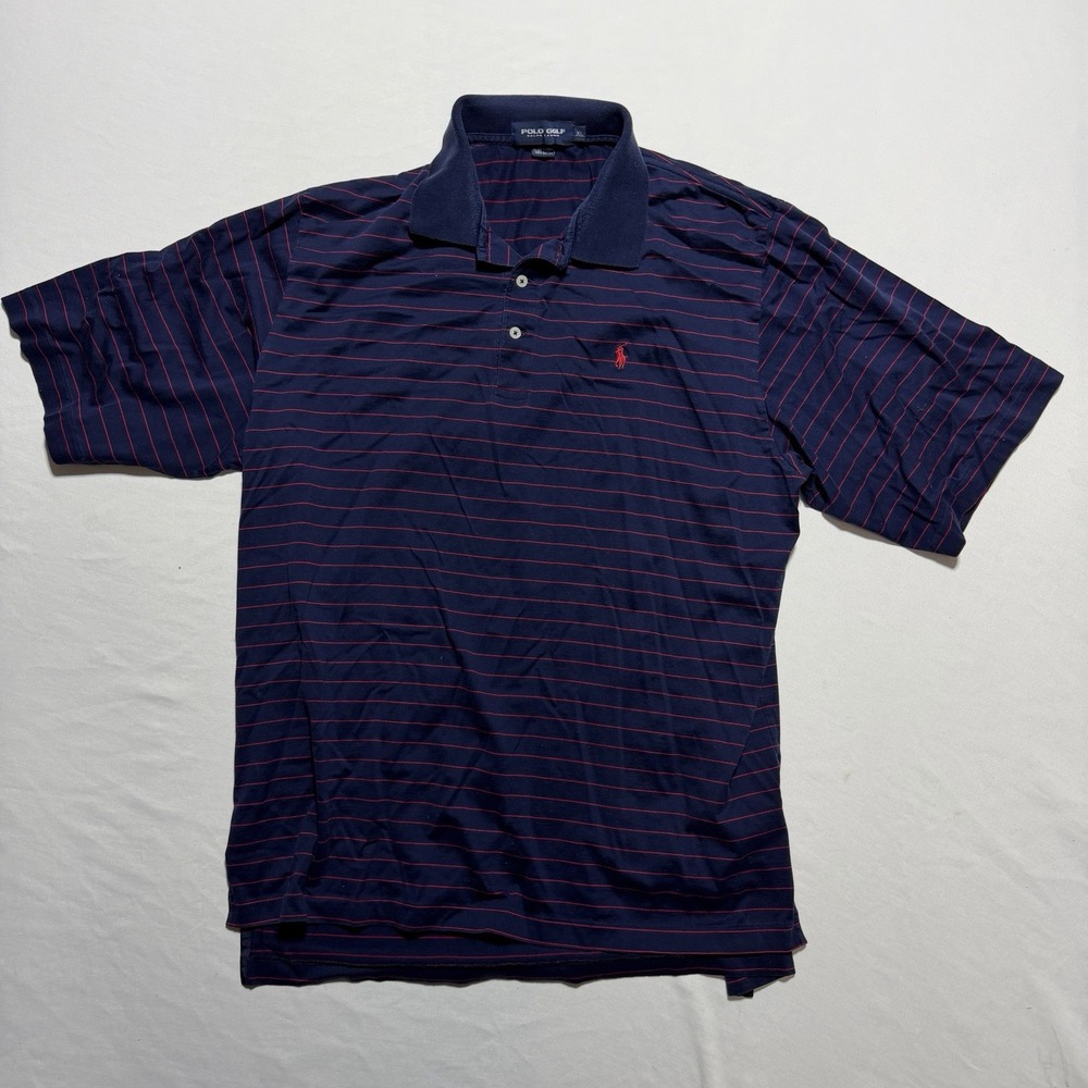 Polo Golf Ralph Lauren Mens XL Navy Red Striped Polo Shirt Cotton Short Sleeve
